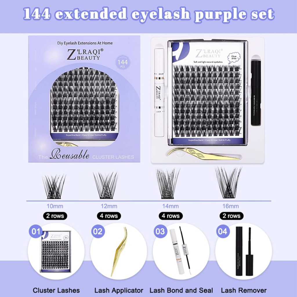 وصلات رموش عنقودية 12-16 ملم يمكنك تركيبها بنفسك مع رباط وختم للرموش سلة الاستخدام لتتمكن من وضع وصلات الرموش بنفسك في المنزل من ازوني، عبوة من 144 قطعة